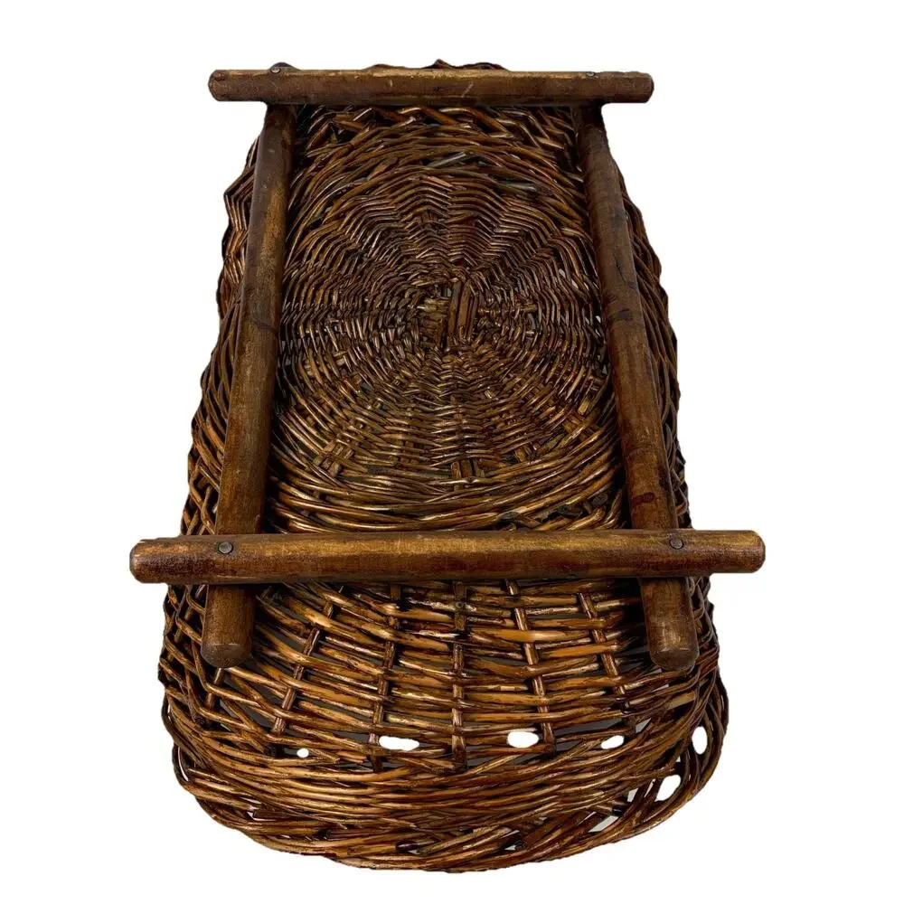 Large Rustic Wicker Harvest Basket Wood Base Fire Log Holder Blanket Storage